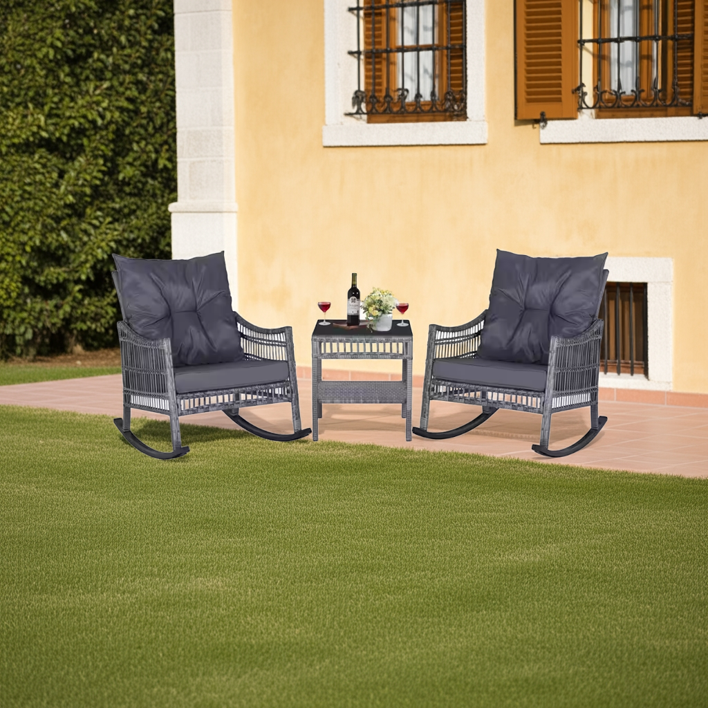 3-Piece Outdoor Rocking Chairs Wicker Set with Gray Cushions, Pillows and Table