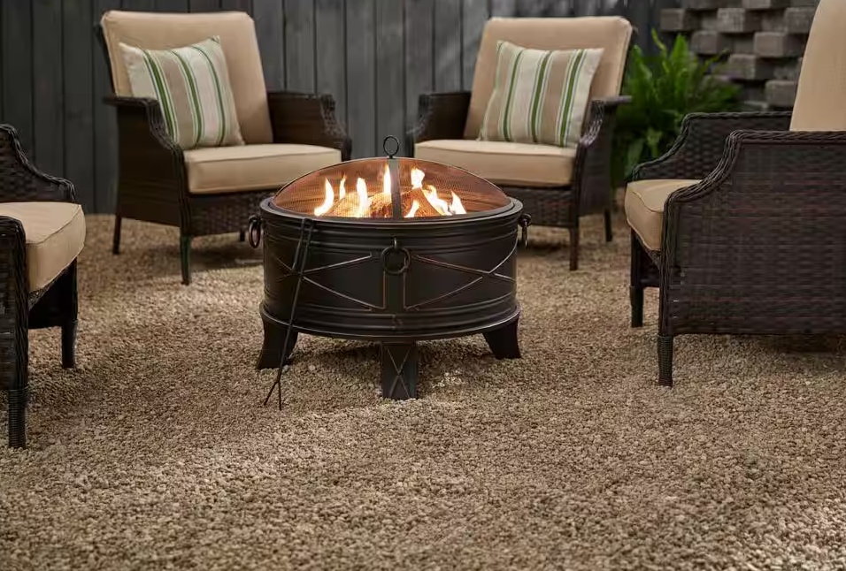 Quadripod 28.20 in. W Antique Bronze Steel Wood Outdoor Fire Pit with Screen and Poker Included (Clearance)