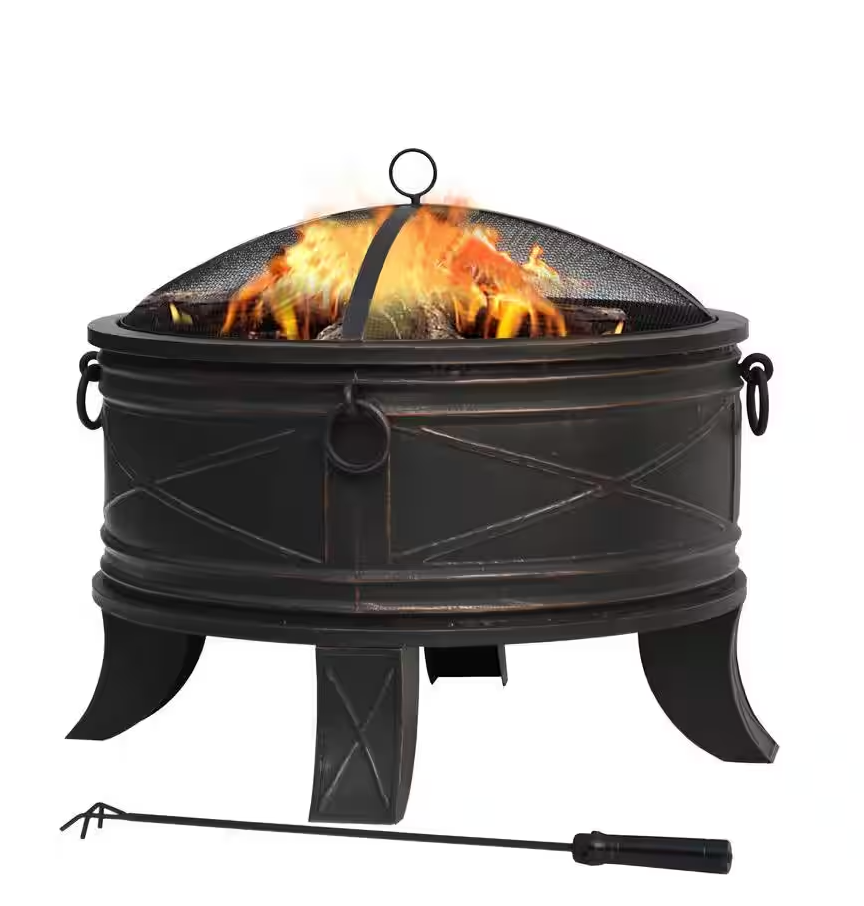Quadripod 28.20 in. W Antique Bronze Steel Wood Outdoor Fire Pit with Screen and Poker Included (Clearance)