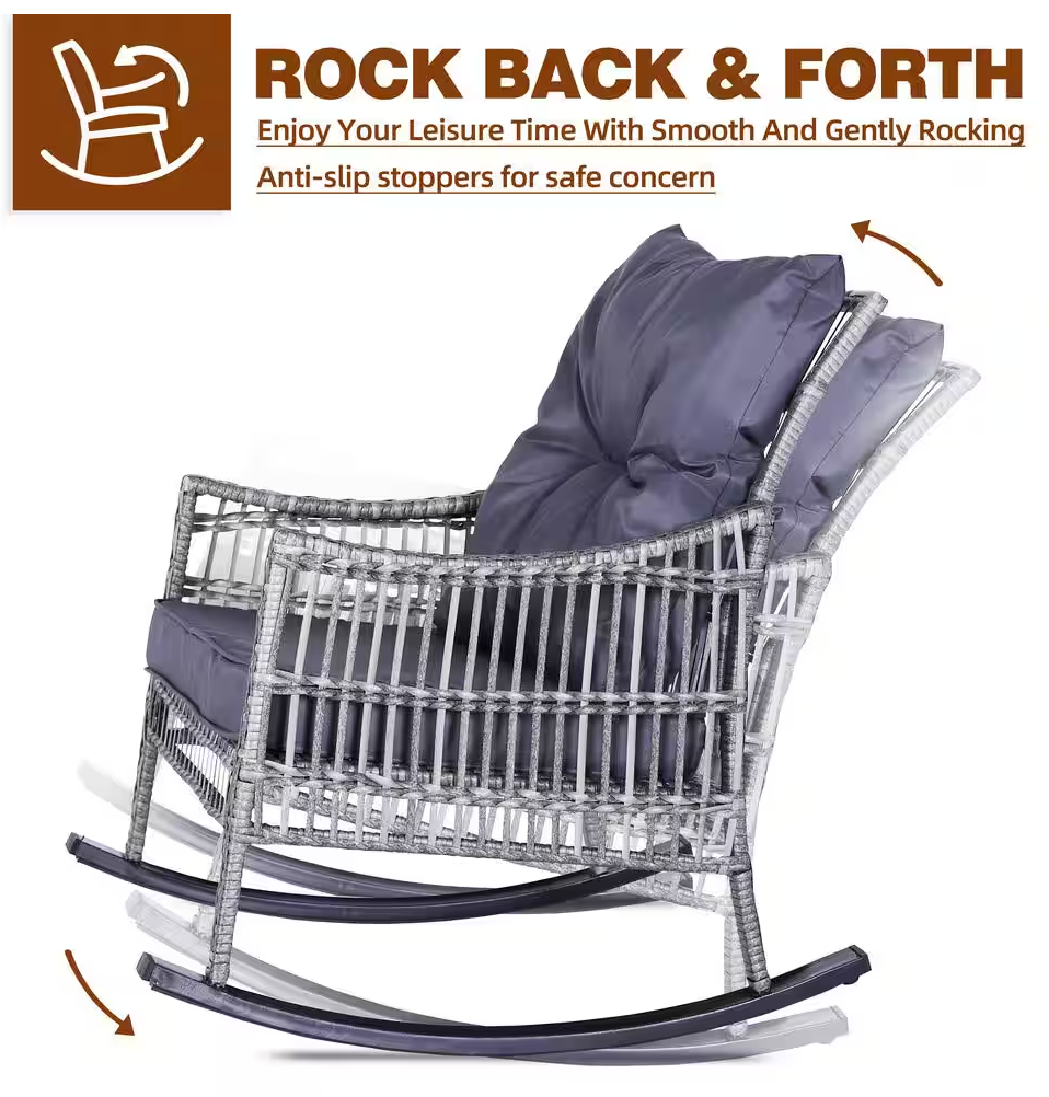 3-Piece Outdoor Rocking Chairs Wicker Set with Gray Cushions, Pillows and Table