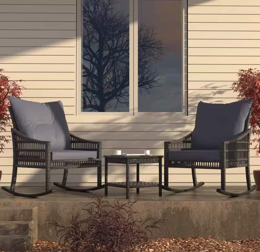 3-Piece Outdoor Rocking Chairs Wicker Set with Gray Cushions, Pillows and Table