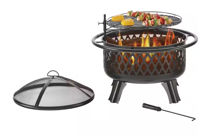 Piedmont 29.6 in. W Black Steel Wood Outdoor Fire Pit with Screen and Poker Included
