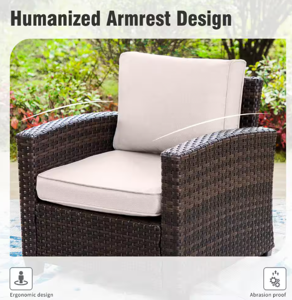 Brown Rattan Wicker 5 Seat 3-Piece Steel Patio Outdoor Sectional Set with Beige Cushions and 2 Ottomans
