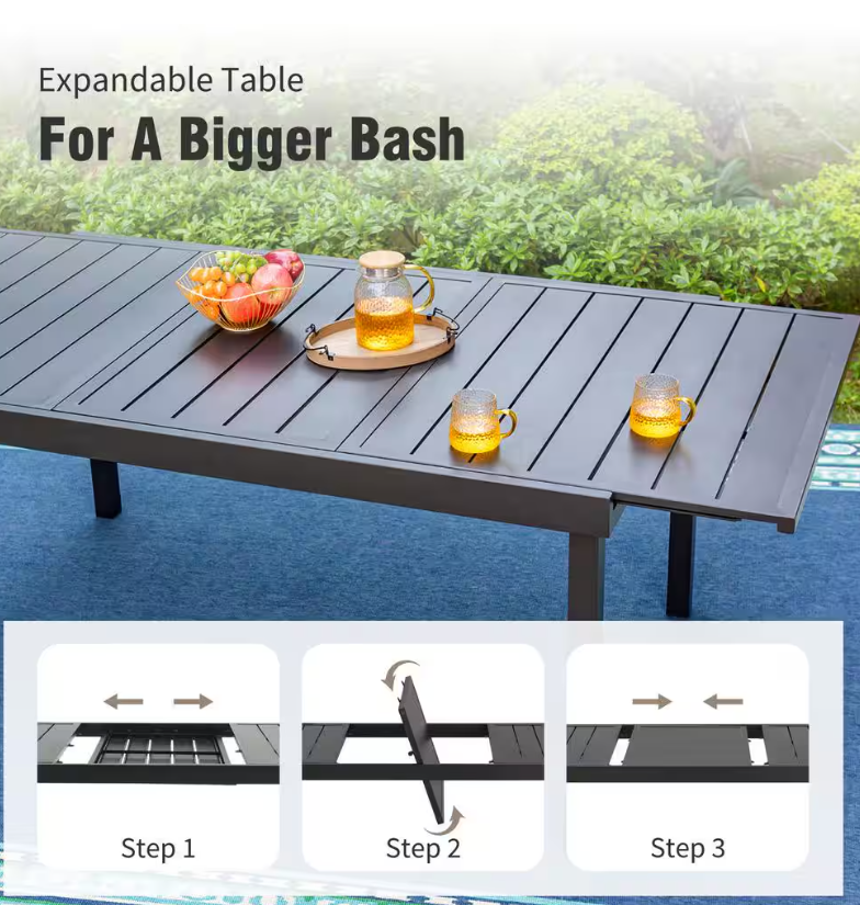 Black Rectangle Metal Patio Outdoor Dining Table with Extension (Clearance)