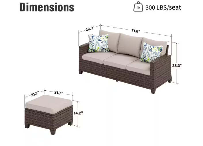 Brown Rattan Wicker 5 Seat 3-Piece Steel Patio Outdoor Sectional Set with Beige Cushions and 2 Ottomans