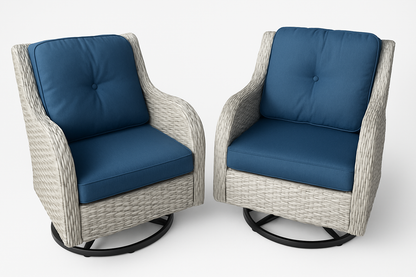 2-Piece Wicker Patio Swivel Outdoor Rocking Chair Set with Blue Cushions