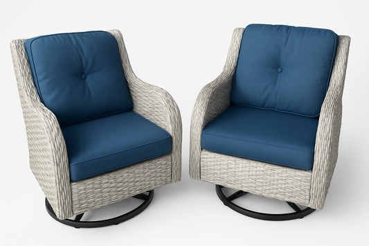 2-Piece Wicker Patio Swivel Outdoor Rocking Chair Set with Blue Cushions