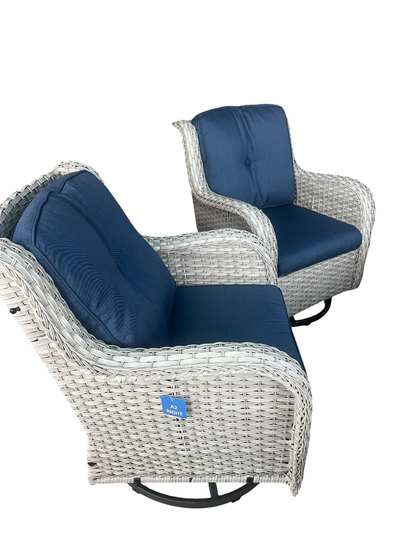 2-Piece Wicker Patio Swivel Outdoor Rocking Chair Set with Blue Cushions