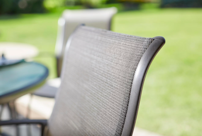 Mix and Match Reinforced Aluminum Brown Stackable Outdoor Patio Dining Chair in Sunbrella Elevation Stone Sling (Clearance)