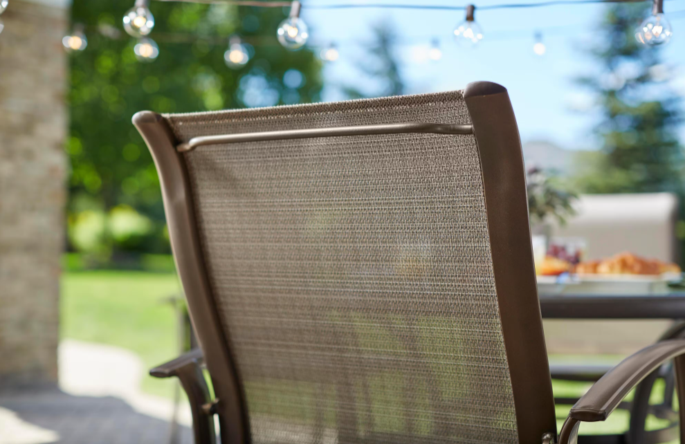 Mix and Match Reinforced Aluminum Brown Stackable Outdoor Patio Dining Chair in Sunbrella Elevation Stone Sling (Clearance)