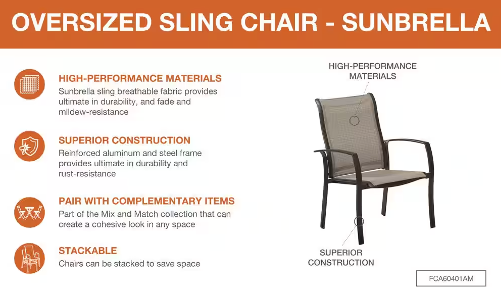 Mix and Match Reinforced Aluminum Brown Stackable Outdoor Patio Dining Chair in Sunbrella Elevation Stone Sling (Clearance)