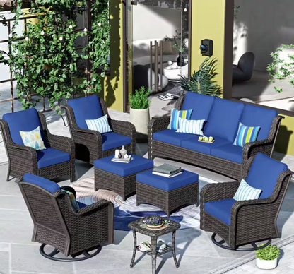 Oreille Brown 8-Piece Wicker Outdoor Patio Conversation Sofa Set with Swivel Rocking Chairs and Navy Blue Cushions