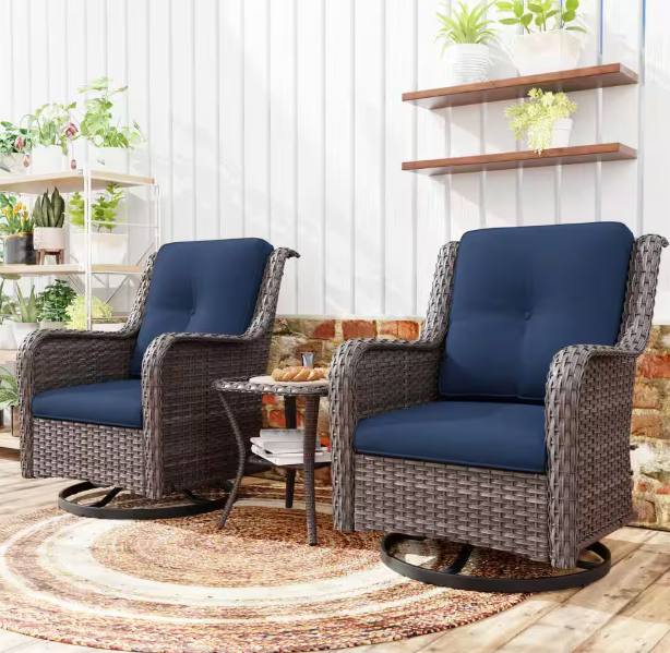 3-Piece Wicker Patio Swivel Outdoor Rocking Chair Set with Blue Cushio ...