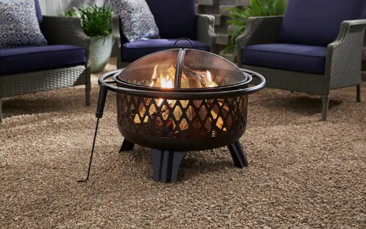 Piedmont 29.6 in. W Black Steel Wood Outdoor Fire Pit with Screen and Poker Included