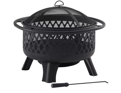 Piedmont 29.6 in. W Black Steel Wood Outdoor Fire Pit with Screen and Poker Included