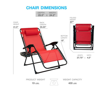 Oversized Ruby Red Metal Zero Gravity Chair with Leg Stabilizers and Big Cupholder