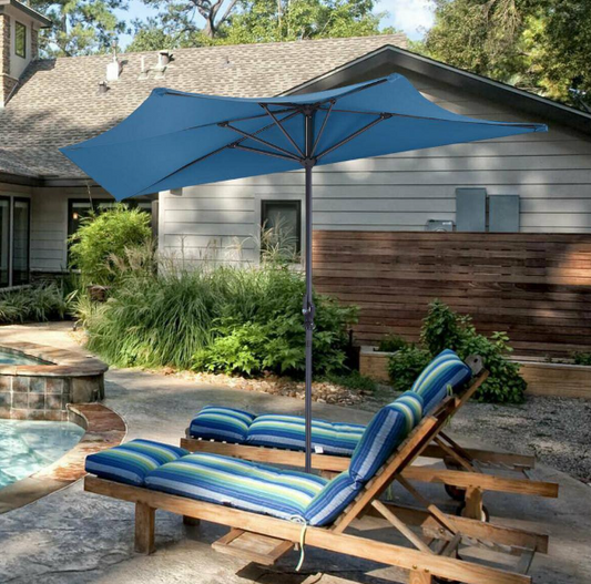 9 ft. Steel Half Round Patio Market Umbrella in Blue without Weight Base