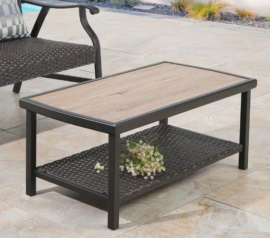 Rectangle Metal Wicker Outdoor Coffee Table with 2-Tier Storage Shelf