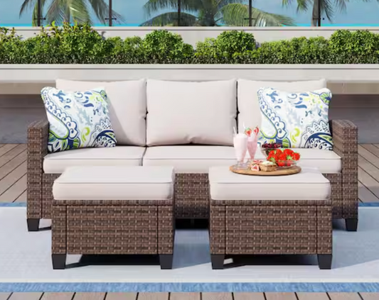 Brown Rattan Wicker 5 Seat 3-Piece Steel Patio Outdoor Sectional Set with Beige Cushions and 2 Ottomans