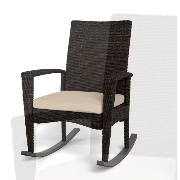 Bayview All-Weather Pecan Wicker Rocking Chair with Fade-Resistant Plush Tan Cushion for Outdoor Patio Seating