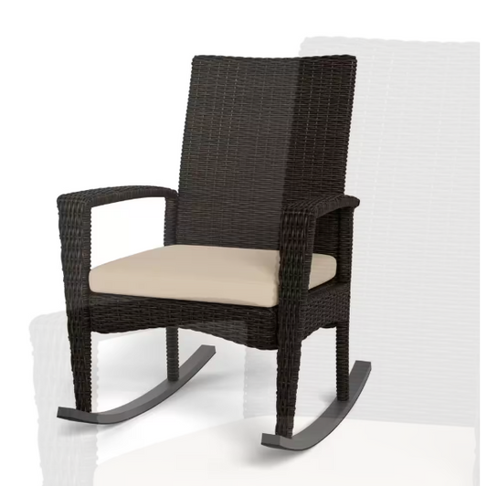 Bayview All-Weather Pecan Wicker Rocking Chair with Fade-Resistant Plush Tan Cushion for Outdoor Patio Seating