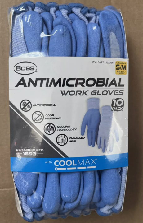 Boss Antimicrobial Women's Work Gloves with Grip Coating, CoolMax Core (10PK) - S/M