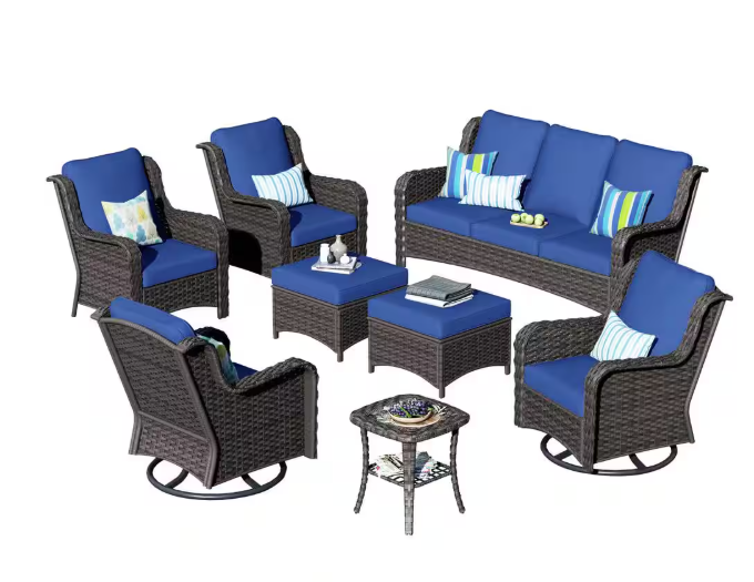 Oreille Brown 8-Piece Wicker Outdoor Patio Conversation Sofa Set with Swivel Rocking Chairs and Navy Blue Cushions