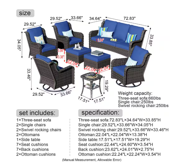 Oreille Brown 8-Piece Wicker Outdoor Patio Conversation Sofa Set with Swivel Rocking Chairs and Navy Blue Cushions
