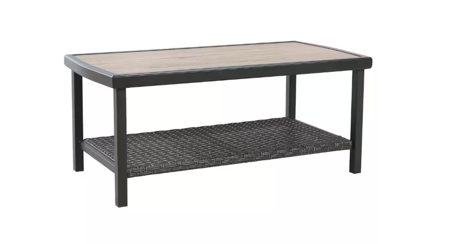 Rectangle Metal Wicker Outdoor Coffee Table with 2-Tier Storage Shelf