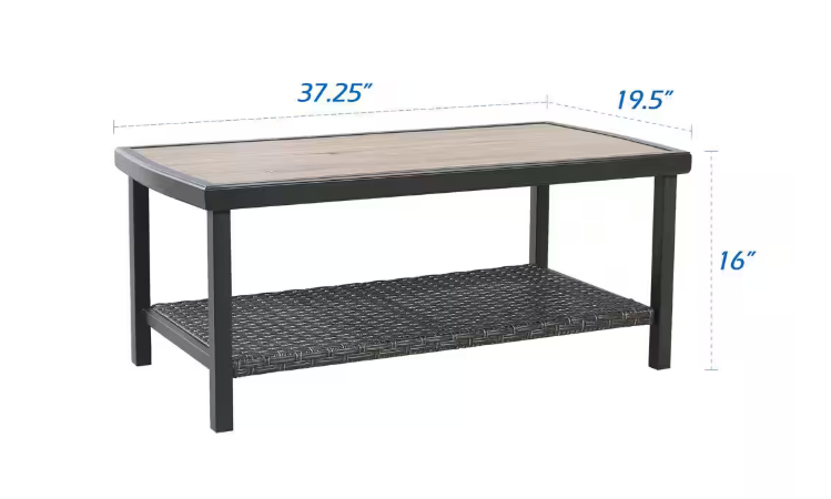 Rectangle Metal Wicker Outdoor Coffee Table with 2-Tier Storage Shelf